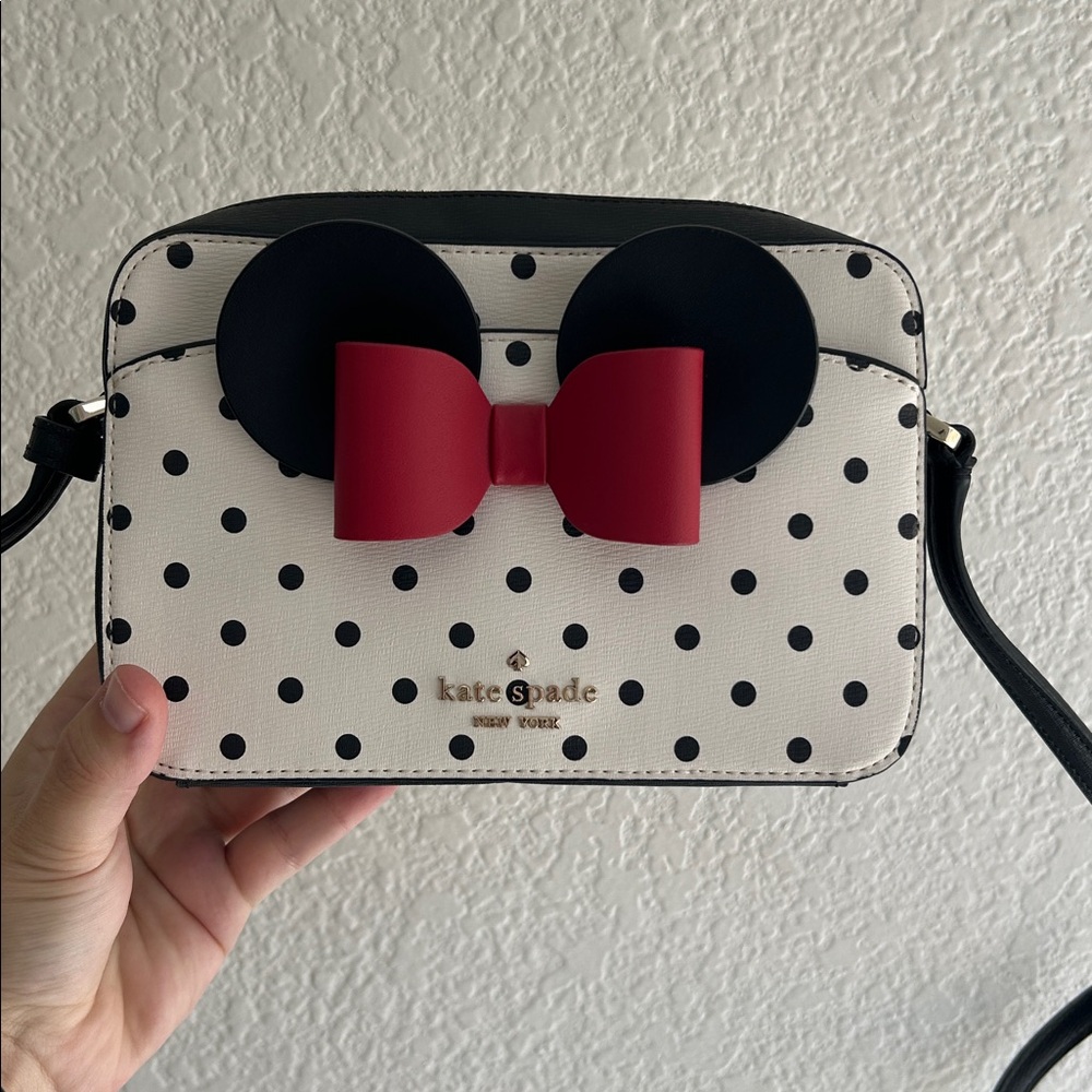 Kate Spade Minnie Mouse Black and White Polka Dot Bag with Red Bow